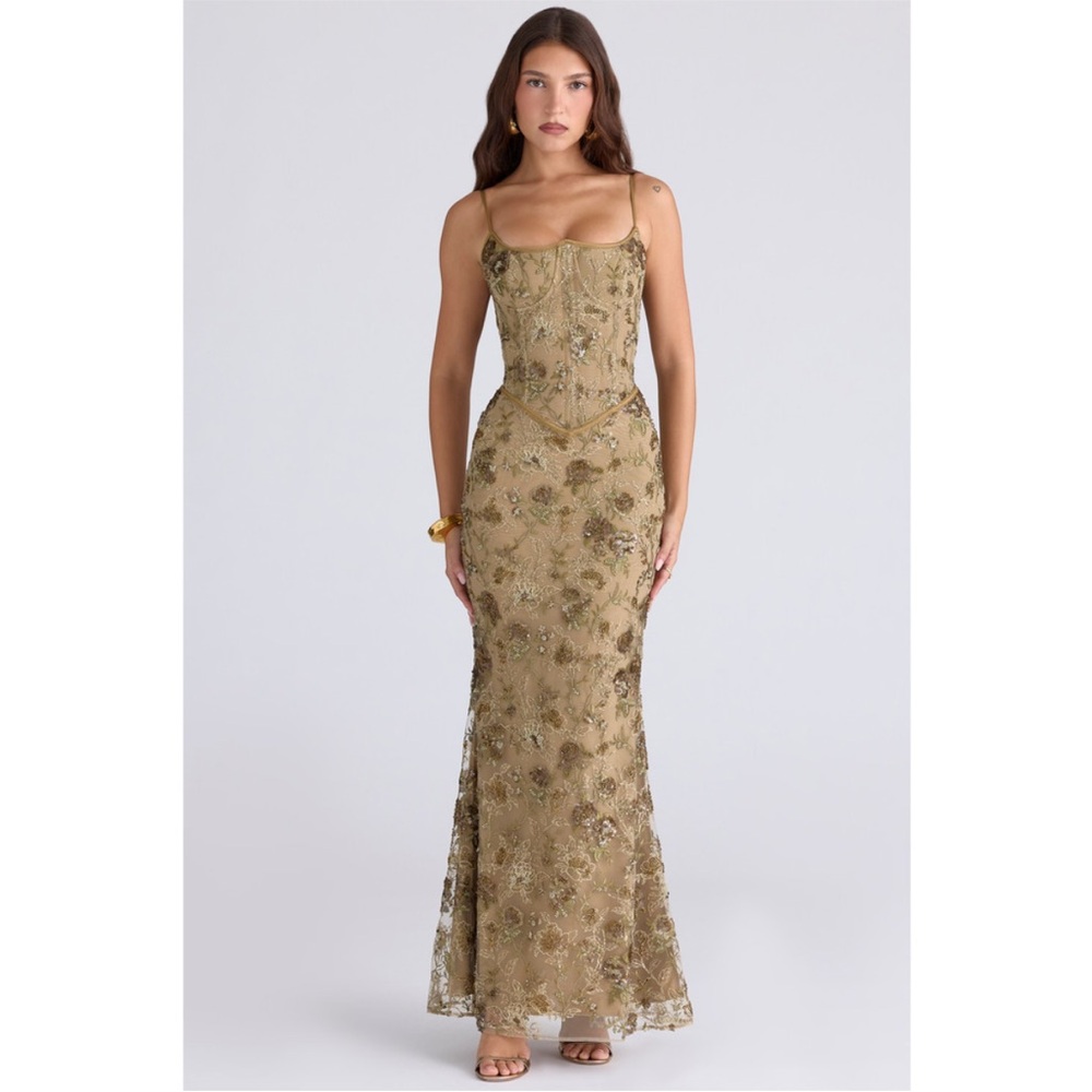 House of CB Naima Olive Bronze Hand Beaded Embellished Corset Maxi Dress NWT